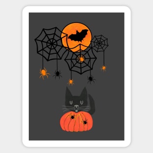 HAPPY Halloween Black Cat In A Pumpkin With Spiders Sticker